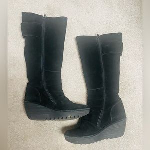 Suede Women's Wedge Heel Calf Length Boots- by Fly London W’s 9 black suede